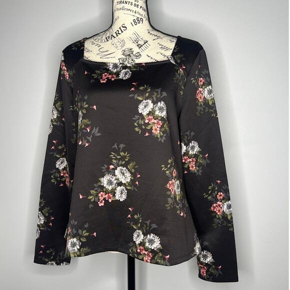 Violets & Roses (M) Square Neck Floral Long Sleeve Top Romantic Chic Feminine - Picture 9 of 10
